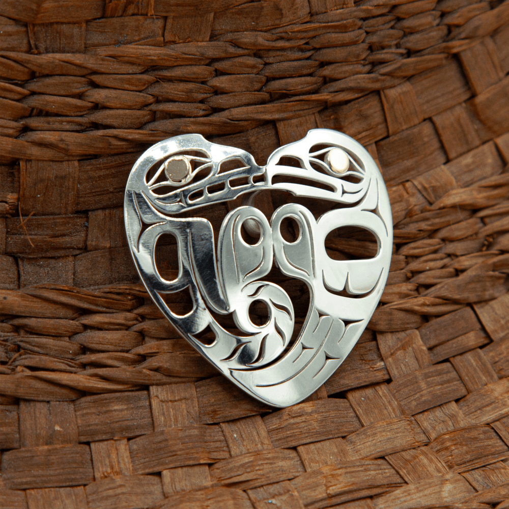 Sterling Silver Wolf and Raven Heart Pendant